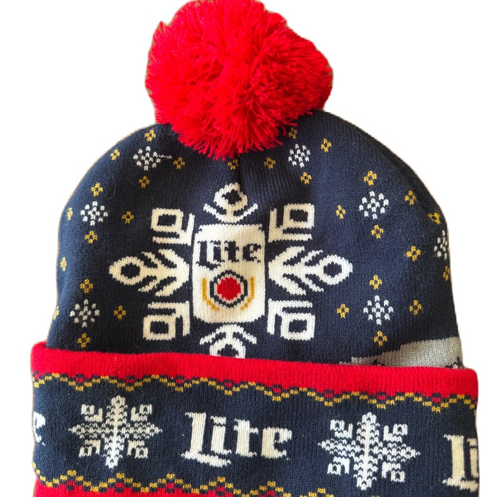 Navy Blue and Red Miller Lite Winter Beanie with Snowflake Design